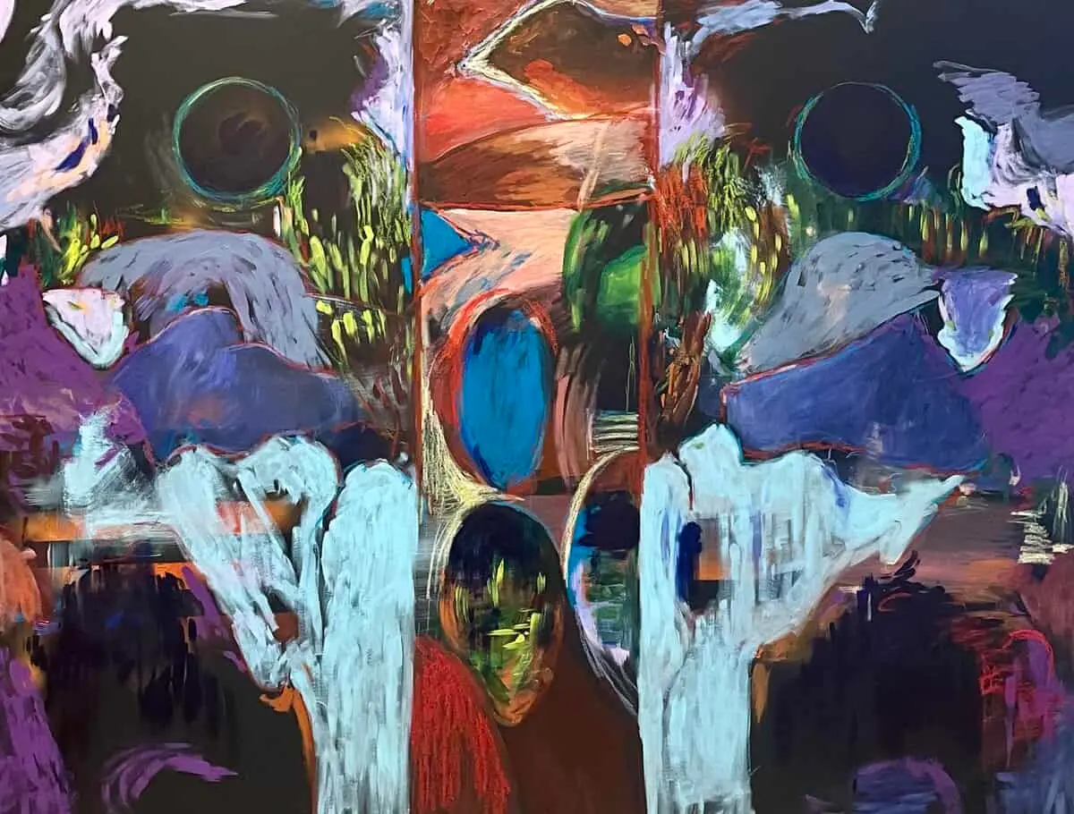 Abstraktes Gemälde „Axis Mundi“ von Lenka Kozlíková — Acryl und Ölpastell auf Leinwand
