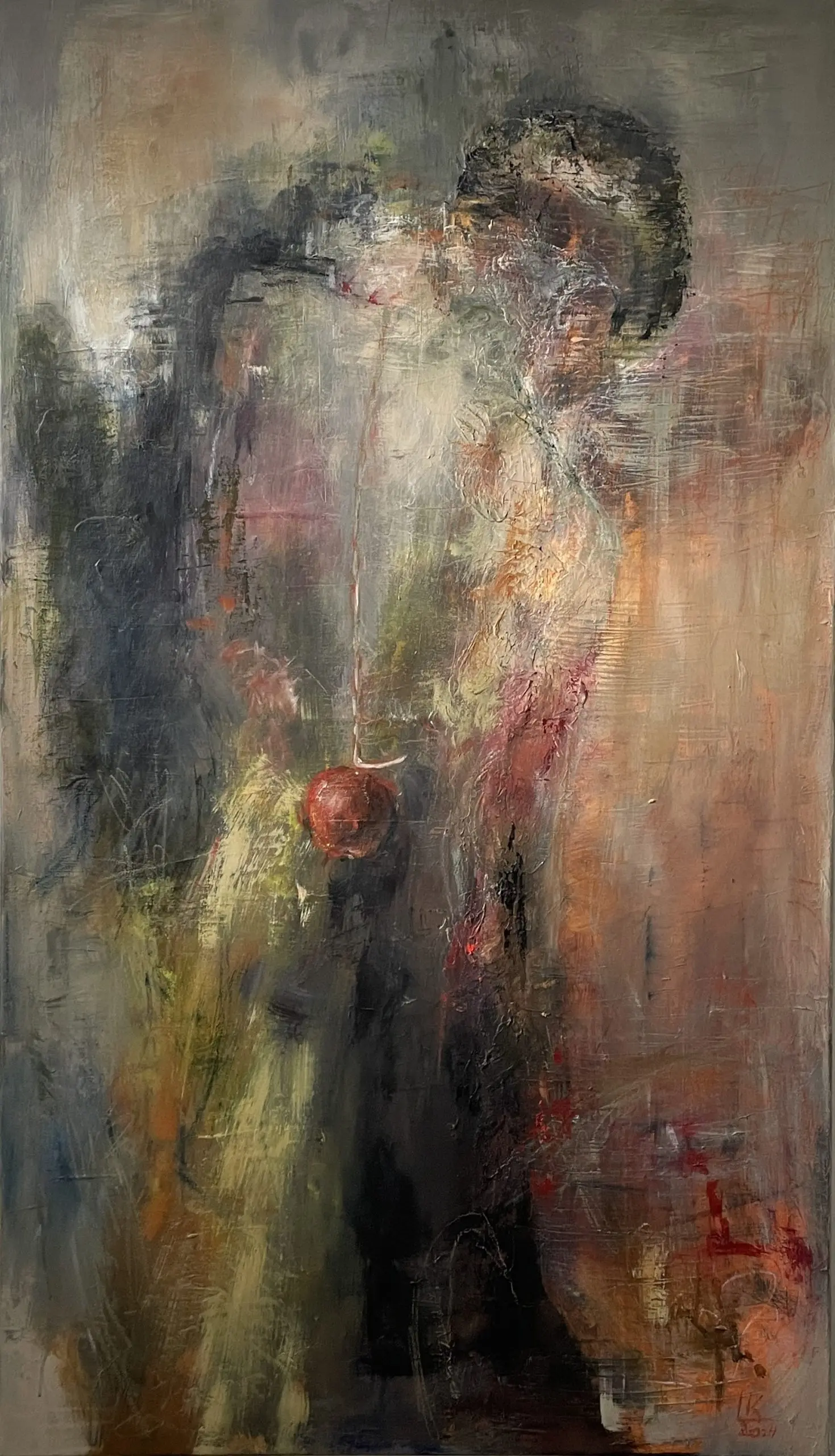 Abstraktní obraz „Don’t wait for Eden, eat that apple“ od Lenky Kozlíkové — akryl a olejový pastel na plátně