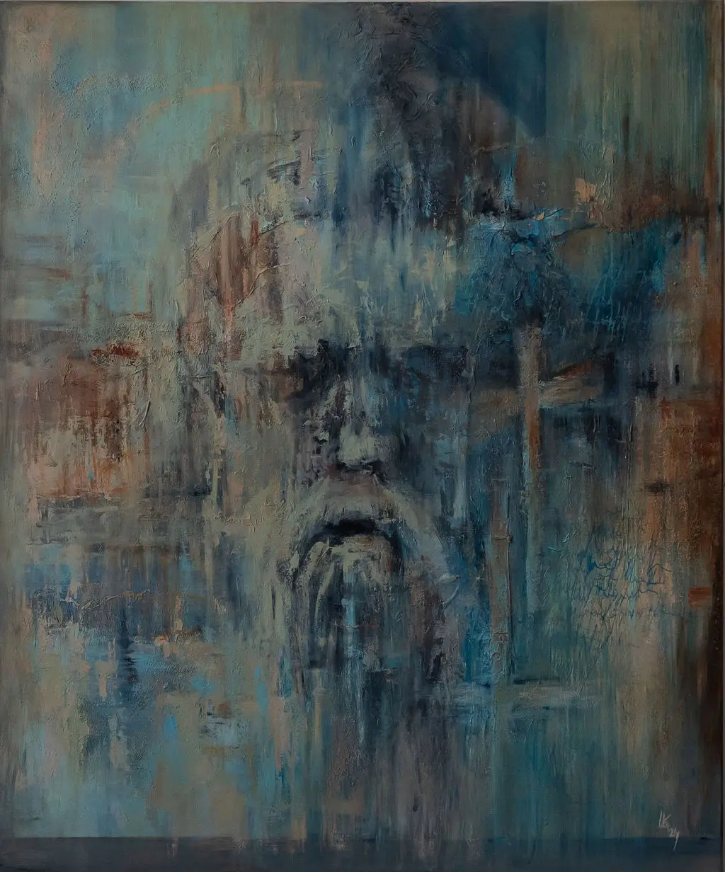 Abstraktní obraz „„J. I."“ od Lenky Kozlíkové — malba do knihy Miloně Čepelky