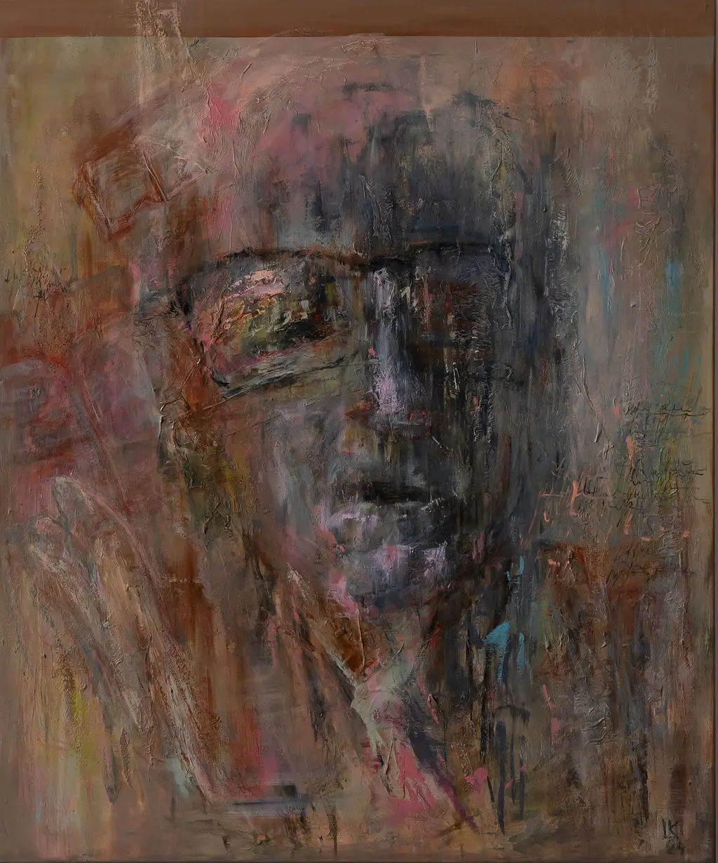 Abstraktní obraz „„J. III."“ od Lenky Kozlíkové — malba do knihy Miloně Čepelky
