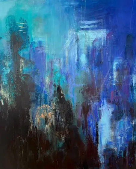 Abstraktní obraz „Kráčeli ve společnosti nebe“ od Lenky Kozlíkové — 120 x 100 cm