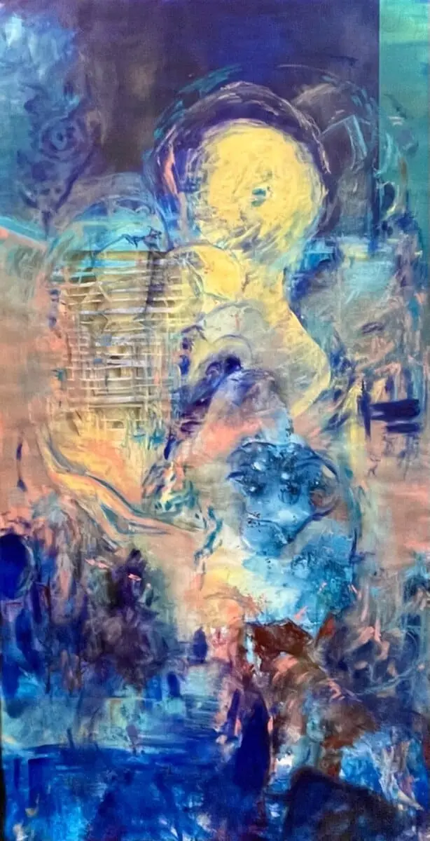 Abstraktes Gemälde „Mandorla“ von Lenka Kozlíková — Acryl, Ölpastelle auf Leinwand, Collage