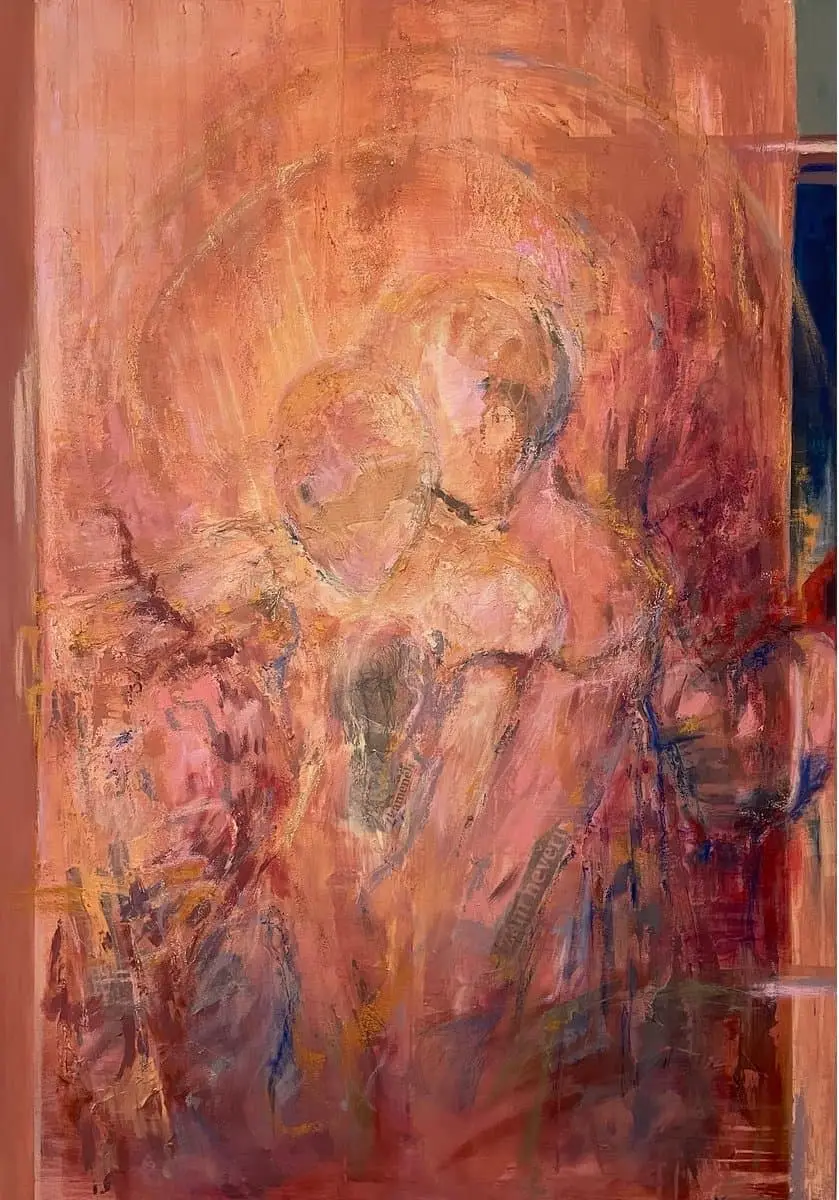 Abstraktní obraz „Nell’abbraccio di Siena“ od Lenky Kozlíkové — akryl, olejový pastel, koláž