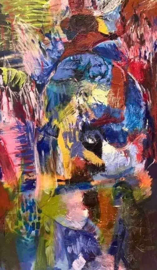 Abstraktes Gemälde „Pilger durch die Zeit des Chaos“ von Lenka Kozlíková — Acryl und Ölpastell auf Leinwand